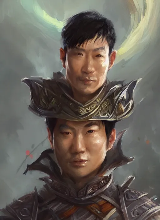 Image similar to asian man with short black hair low angle point of view, dndbeyond, bright, colourful, realistic, dnd character portrait, full body, pathfinder, pinterest, art by ralph horsley, dnd, rpg, lotr game design fanart by concept art, behance hd, artstation, deviantart, hdr render in unreal engine 5