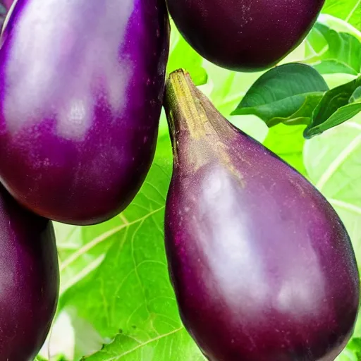 Image similar to an eggplant fruit still on the vine, a bizarre detailed red and purple glowing eggplant