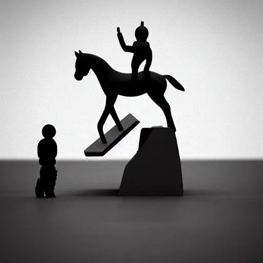 Image similar to an astronaut standing on the ground and a small trippy aggressive centaur standing on that poor little human standing on all fours astronaut, trying to ride it, the minimalistic lonely horse is on his shoulders, minimalist style, 3 d render, isometry