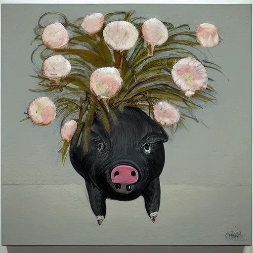 Image similar to “pig paintings and pig sculptures in a pig art gallery, pork, ikebana white flowers, white wax, squashed berries, acrylic and spray paint and oilstick on canvas, by munch and Dali”