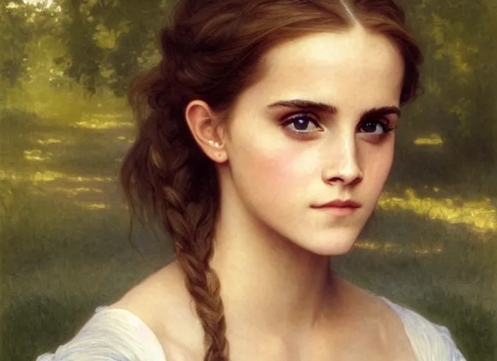 Image similar to painting of emma watson as hermione granger. focus on eyes. green eyes. extreme close up. beautiful. gorgeous. during golden hour. art by william adolphe bouguereau.