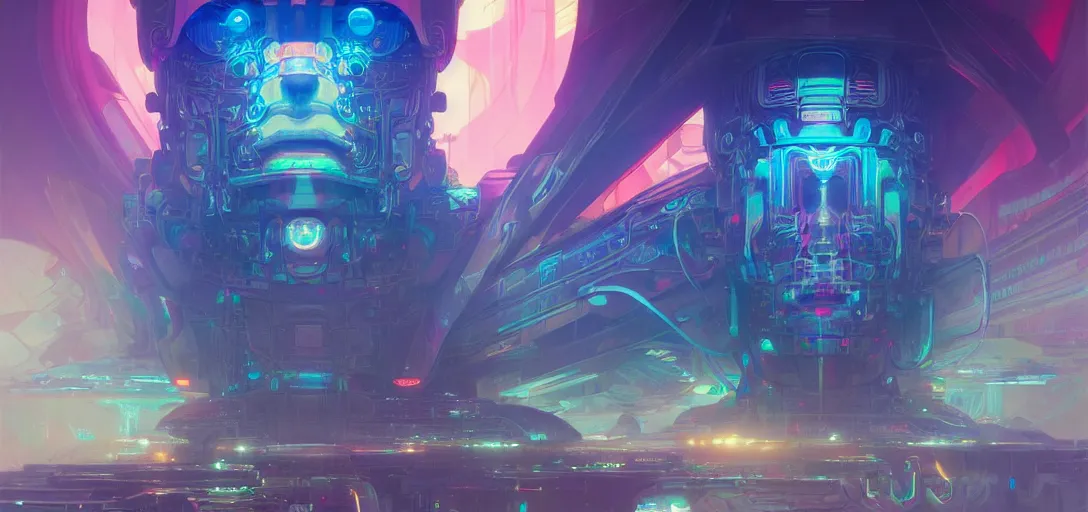 Image similar to a cybernetic temple, vaporwave aesthetic, colorful, psychedelic, digital painting, artstation, concept art, smooth, sharp focus, illustration, art by artgerm and greg rutkowski and alphonse mucha