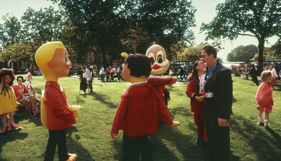 Image similar to 1990s candid photo of a beautiful day at the park, cinematic lighting, cinematic look, golden hour, costumed packaged food mascot people in the background, Enormous personified packaged food mascot people with outstandingly happy faces talking to families, UHD