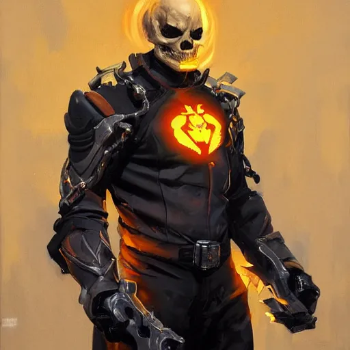 Image similar to greg manchess portrait painting of ghost rider as overwatch character, medium shot, asymmetrical, profile picture, organic painting, sunny day, matte painting, bold shapes, hard edges, street art, trending on artstation, by huang guangjian and gil elvgren and sachin teng