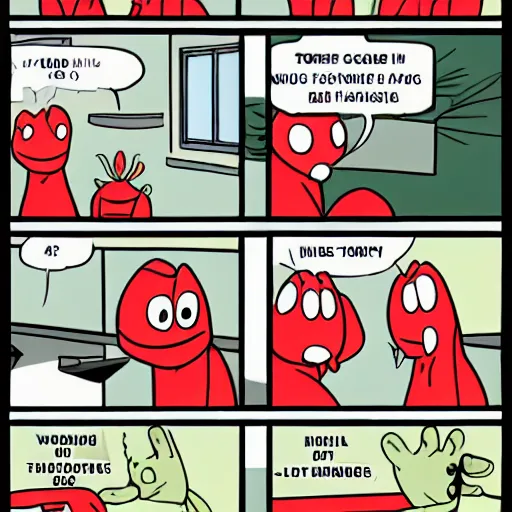 Image similar to four panel comic, where ever character is just saying lobsters in every scene