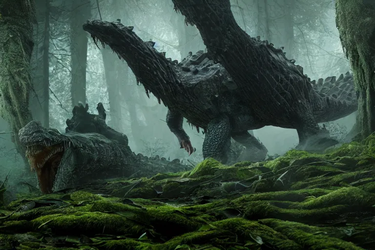 Prompt: a giant crocodile covered in moss with trees on its back approaching a city, dark souls inspired, elden ring inspired, octane render, rtx, unreal engine 5, digital painting, trending on artstation, highly detailed, epic composition, 8 k uhd