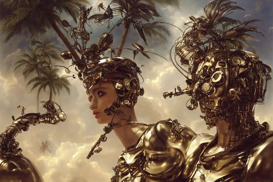 Image similar to an extreme close - up of a cyborg nymph wearing helmets of emperor charles v the wise playing with a giant insect surrounded by saxophones, palm trees, jungle fruit, and stylized designer modular chrome eye candy, volumetric light caustics clouds of smoke, by hajime soryama, boris vallejo, bouguereau, kim keever