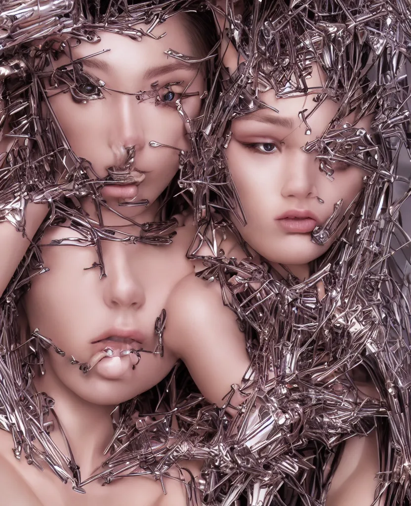 Prompt: portrait fashion editorial by Hajime Sorayama. highly detailed. 8k. depth of field. photography