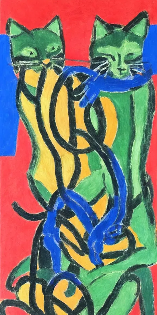 Prompt: A detailed expressionist painting of two intertwined cats, in the style of Matisse and