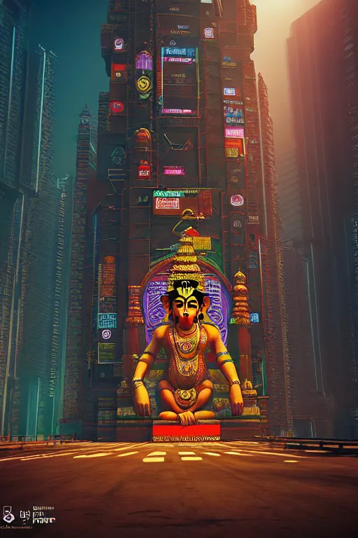 Image similar to high quality 3 d render cyberpunk mumbai!, kalighat hanuman!! head highly detailed, cinematic smooth unreal engine, lee madgwick, hard morning light, long shot, low angle, uhd 8 k, sharp focus