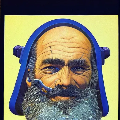 Prompt: Moebius portrait of an old space mine worker, bearded, incredible details, happy facial expression, dignified, trustworthy eyes,