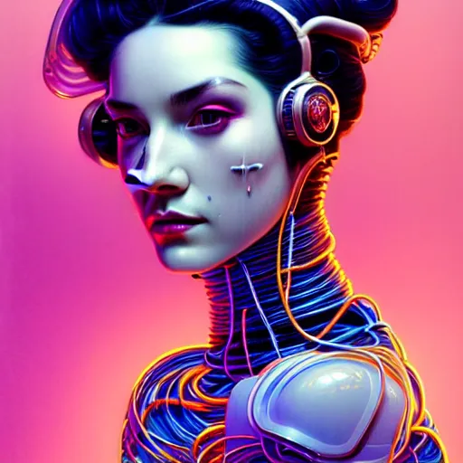 Image similar to high quality, high detailed portrait of a space queen, a cyberpunk character in a retro - futuristic world, white porcelain translucent skin. hyperrealism, intricate details, cables, wires. connectors led. tristan eaton, victo ngai, artgerm, rhads, ross draws, alphonse mucha, pastel colors, vintage, artstation, vector gradient. 8 k