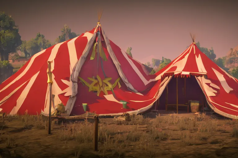 Prompt: 3d sculpt of a tattered circus tent, artstaton, League of Legends, red dead redemption2, overwatch, digital illustration