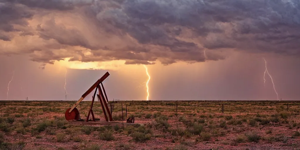 Prompt: photo of a stormy west texas sunset, perfect rustic ( ( pumpjack ) ), film photography, lightning, golden hour, high quality, beautiful!!!