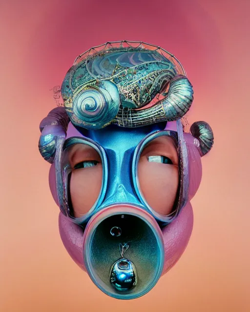 Image similar to natural light, soft focus portrait of a cyberpunk anthropomorphic snail with soft synthetic pink skin, blue bioluminescent plastics, smooth shiny metal, elaborate ornate head piece, piercings, skin textures, by annie leibovitz, paul lehr