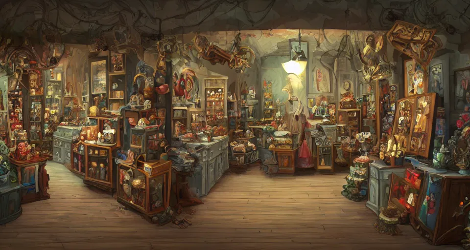 Image similar to A beautiful artwork illustration, a cursed gift shop, featured on artstation, wide angle, horizontal orientation