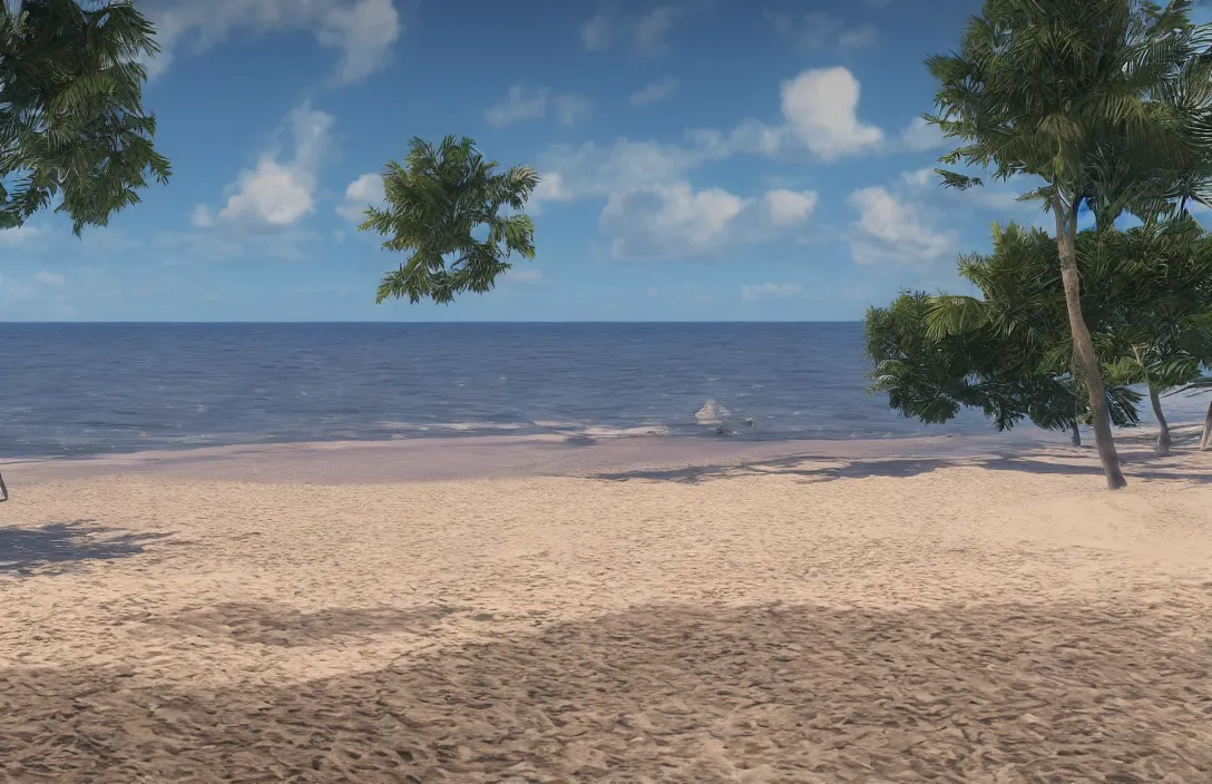 Image similar to on the beach by the sea, afternoon, very real, unreal engine rendering