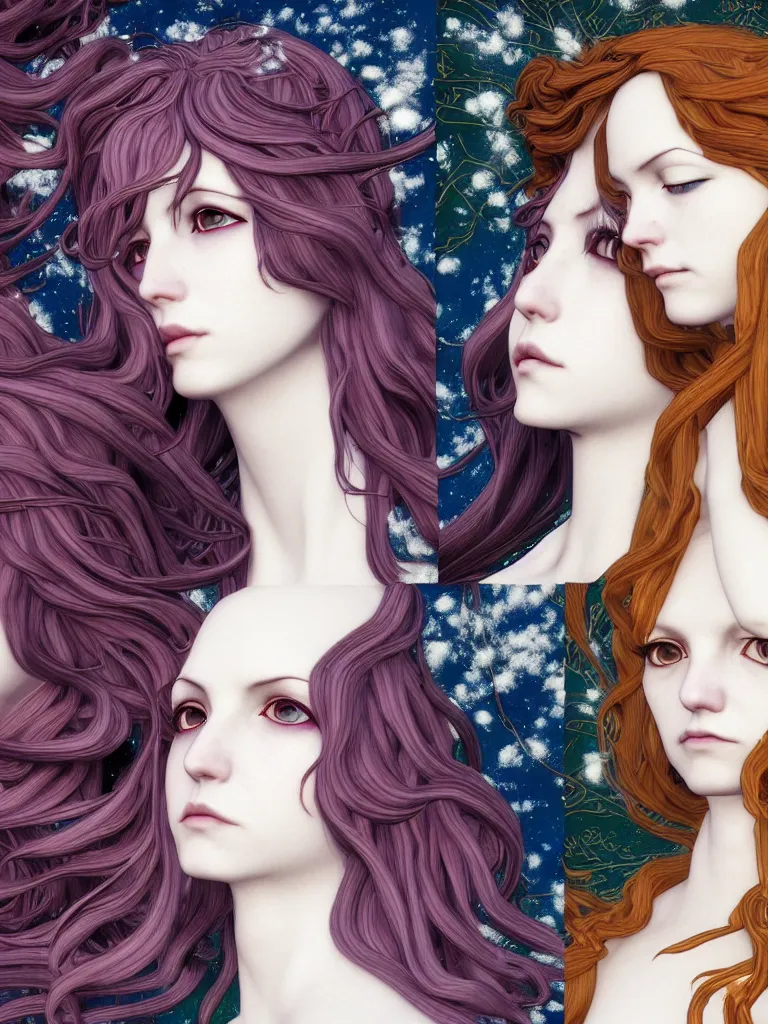 Prompt: december, january and february as deities, varied hair colors, somber, mournful, style mix of æon flux, shepard fairey, botticelli, john singer sargent, pre - raphaelite, shoujo manga, branches, snow, ice, dark muted colors, superfine ink detail, ethereal, 4 k photorealistic, arnold render