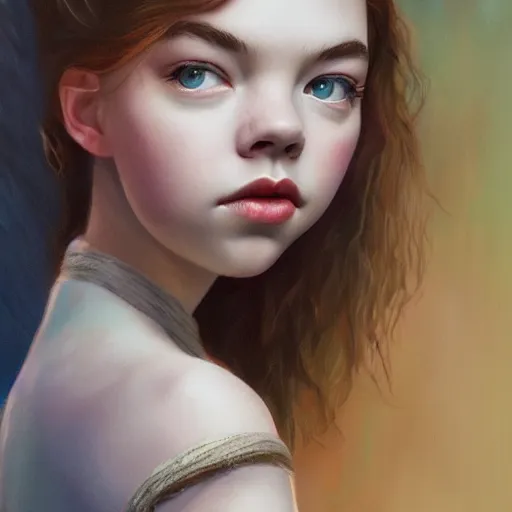 Image similar to a beautiful scenic painting of a beautiful young woman that looks like anya taylor - joy by artgerm and wlop and wes anderson and spike jonze