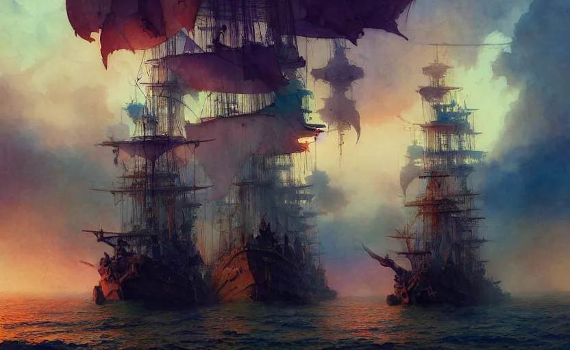 Image similar to pirate galleon fleet. intricate, amazing composition, colorful watercolor, by ruan jia, by maxfield parrish, by marc simonetti, by hikari shimoda, by robert hubert, by zhang kechun, illustration, gloomy, volumetric lighting, fantasy