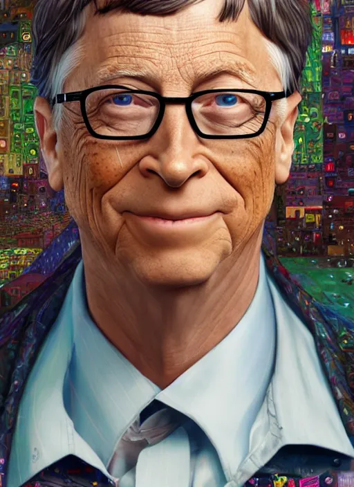 Image similar to bill gates, hyper detailed, digital art, trending in artstation, cinematic lighting, studio quality, smooth render, unreal engine 5 rendered, octane rendered, art style by klimt and nixeu and ian sprigger and wlop and krenz cushart.