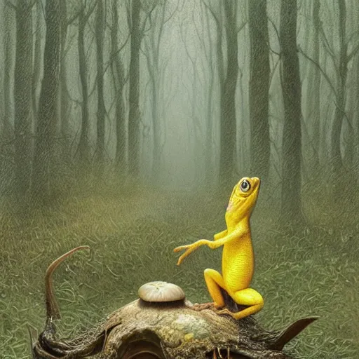 Prompt: a tiny yellow lizard is selling his wares from under a porcini mushroom in a misty forest scene. realistic cartoon style, highly detailed, illustrated by caspar david friedrich and artgerm-n 6