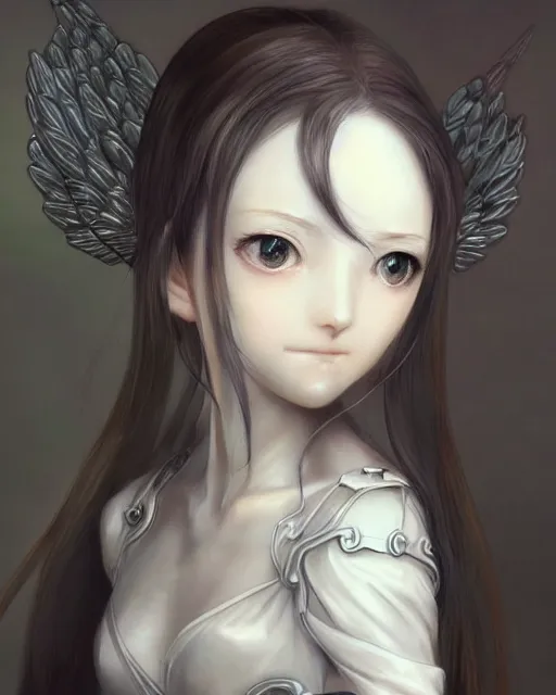 Image similar to range murata, an infinitely detailed portrait of a frail and pale female peace angel elegantly. fully - clothed full - body, beautiful! scenery art!! coherent! by wlop & murata range, victorian armor trim, cold color palette, artstation / pixiv!! elegantly armored angel portrait full - body, dreamy art