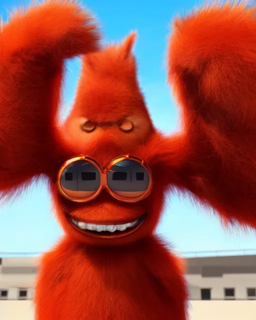 Prompt: 3 d render of completely red hairy cute antropomorphic cartoony creature wearing chrome shades, without nose, full body, in the style of pixar, white background, unreal engine 5, octane render, highly detailed hdr