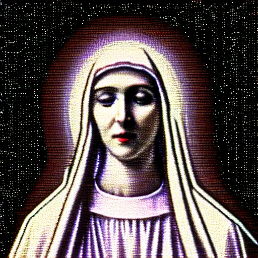 Prompt: vhs static overlay of virgin mary, vhs, 1 9 9 0, highly realistic, highly detailed, vhs noise static, black and white, vhs glitch