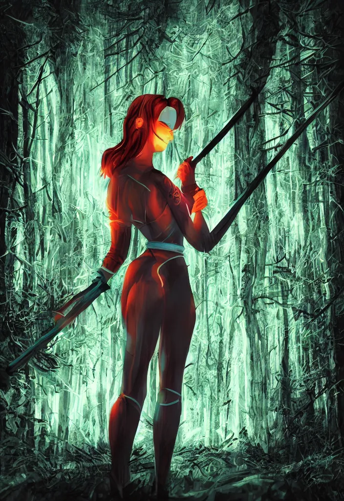 Prompt: , woman with illuminated neon katana in the forest at night, closeup , digital effects fantasy ,digital art, illustration, award winning, professional, stylized, cel shaded