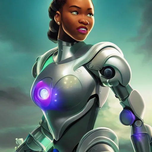 Image similar to high detailed close up of, energetic female cyborg Disney princess Tiana, wearing futuristic cybernetic battle armor, balance composition, dramatic lighting, 8k, painted by Alex Ross