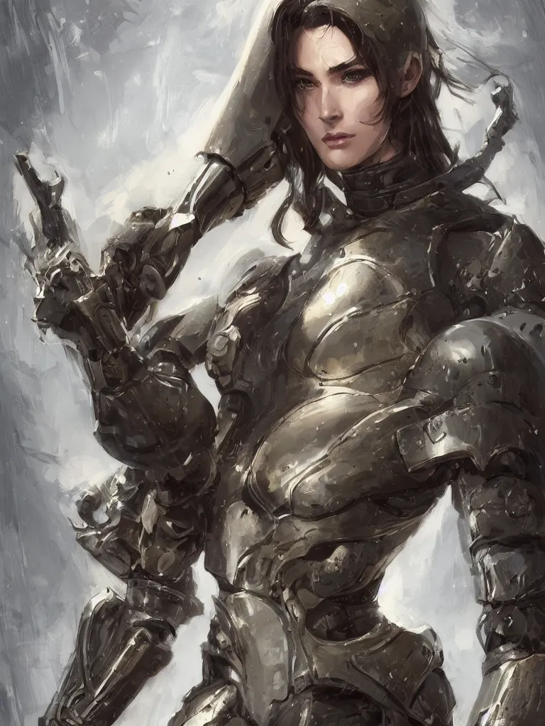 Image similar to a portrait of an attractive young woman, clothed in battle armor, olive skin, long dark hair, beautiful bone structure, symmetrical facial features, intricate, elegant, highly detailed, digital painting, trending on Artstation, concept art, smooth, sharp focus, illustration, from Metal Gear by Ruan Jia and Mandy Jurgens and Artgerm and greg rutkowski and william-adolphe bouguerea, award winning