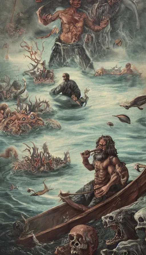 Image similar to man on boat crossing a body of water in hell with creatures in the water, sea of souls, by david eichenberg