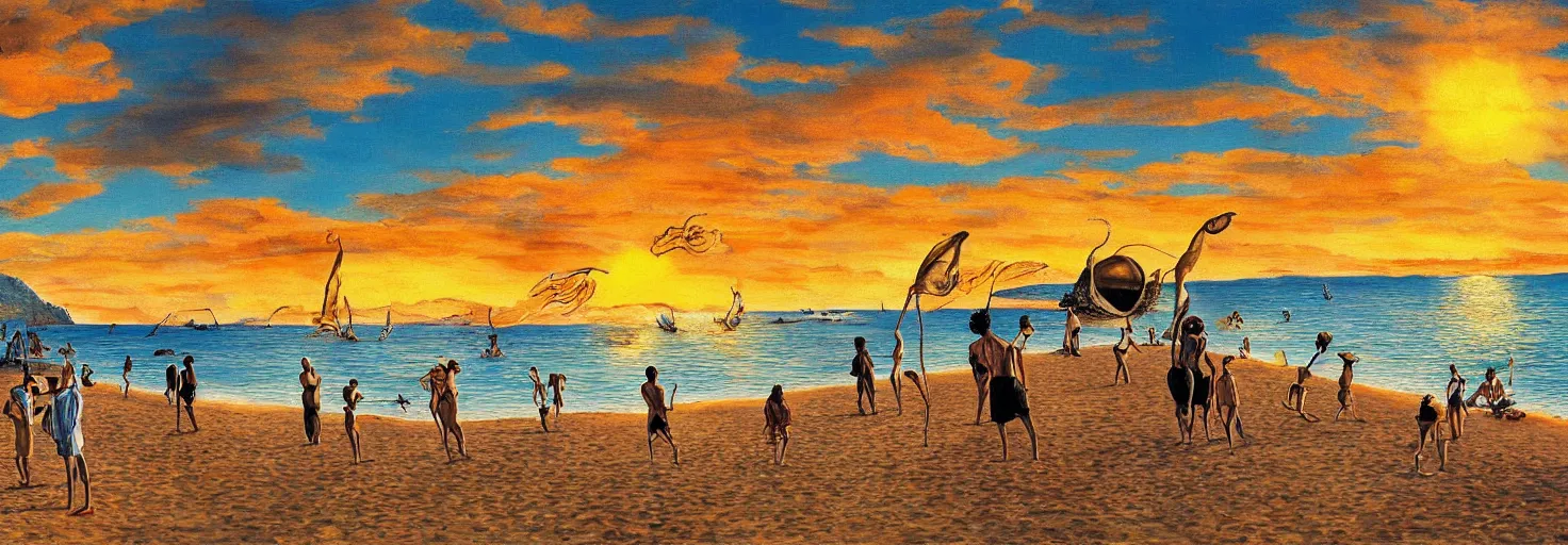 Image similar to People in beach by Salvador Dali and Bob Ross collaboration, mural, sun set, digital art, high details