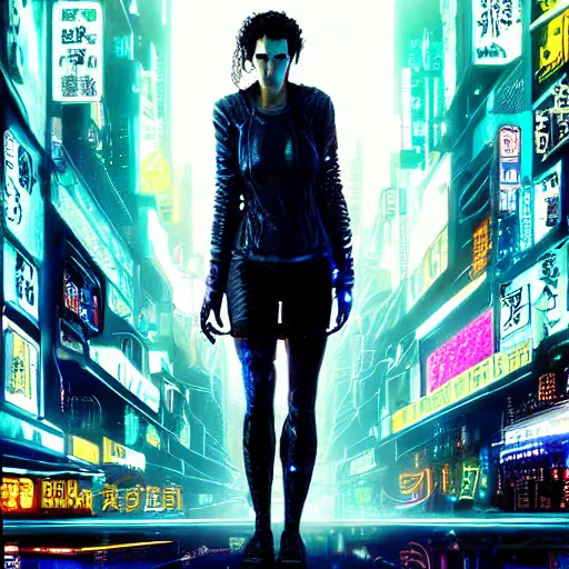 Prompt: Stunning cinematic photograph Gal Godot is the cyberpunk woman in Neuromancer Molly Millions in Chiba City, highly detailed, promotional photo by Warner Bros