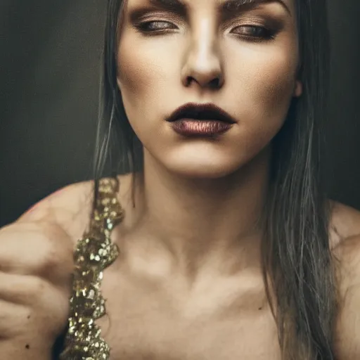 Image similar to high quality photo of a beautiful woman. moody and melanchony with accents of gray and gold.