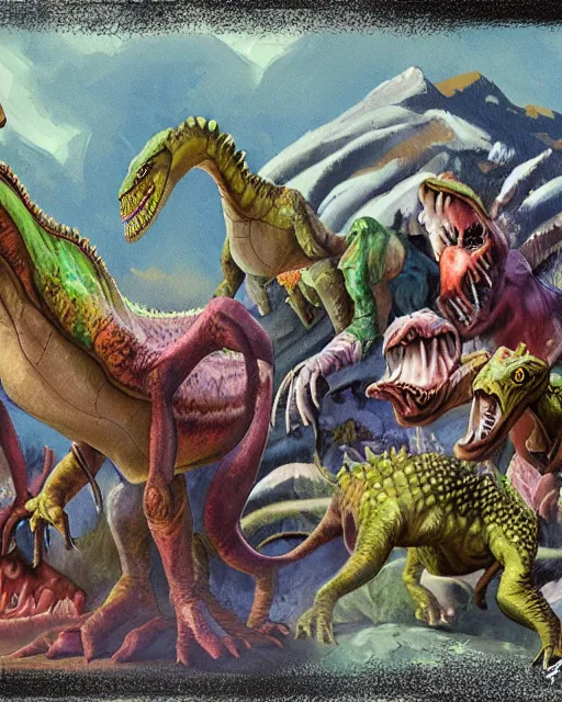 Prompt: dinosaurfolk, painting for Monster Manual, sharp detail, colorful