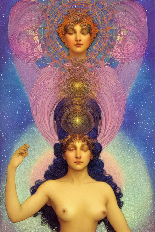 Image similar to beautiful goddess of space and dreams by maxfield parrish and artgerm, mandala, coherent design, perfect symmetry, vivid colors, digital watercolor ink illustration painting, complementary color, golden ratio, detailed, sharp lines, sharp focus, intricate, rainbowshift, gustave dore, alphonse mucha, octane render