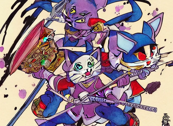 Image similar to samurai pizza cats, ink and watercolor illustration masterpiece, perfectly realistic yet surreal, by ryan ottley and mœbius