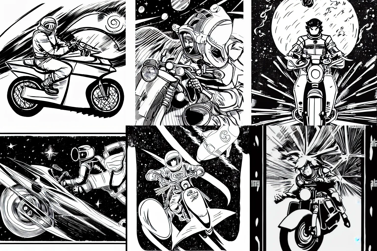 Prompt: man riding a motorcycle in space, manga Jojo style, speed lines, hand drawn, black and white