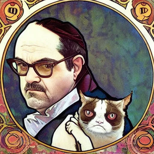 Image similar to “ portrait of george costanza holding grumpy cat, very detailed, by alphonse mucha ”