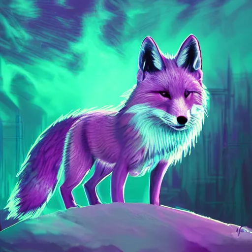 Prompt: digital purple and white fox, retrowave palette, digital world, highly detailed, electric breeze, anatomically correct vulpine, synth feel, fluffy face, ear floof, flowing fur, super realism, accurate animal imagery, 4 k digital art
