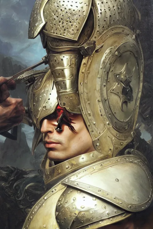 Image similar to a powerful and muscular male warrior , half body portrait, blond hair, ornate armour, realistic oil painting by Thomas Cole and Wayne Barlowe and Boris Valejo