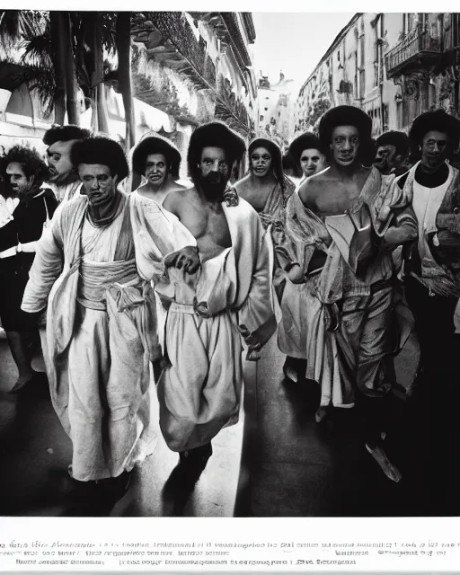 Image similar to Award winning reportage photo of Monegasque Natives with incredible hair wearing traditional garb by Garry Winogrand and Dian Arbus, 85mm ND 5, perfect lighting, gelatin silver process