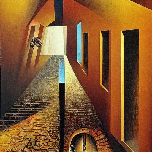 Prompt: a beautiful surrealist painting by salvador dali, I am walking through a brick hallway when suddenly the floor opens up and I start flying!