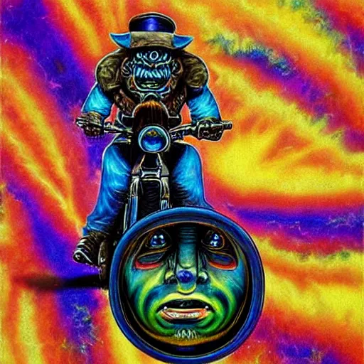 Image similar to psychedelic airbrush art of an orc driving a motorcycle
