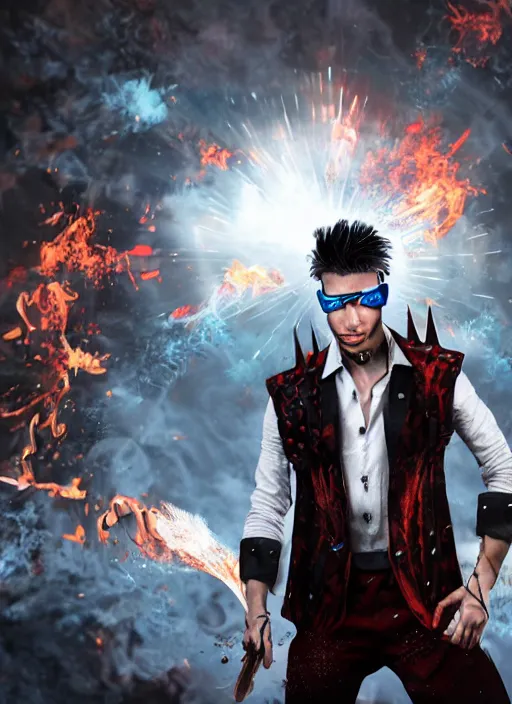 Image similar to An epic fantasy comic book style portrait painting of young man with long red spiked hair. Wearing a black waistcoat, white shirt, using googles. Rockstar. Blasting fire on his hands. Unreal 5, DAZ, hyperrealistic, octane render, cosplay, RPG portrait, dynamic lighting