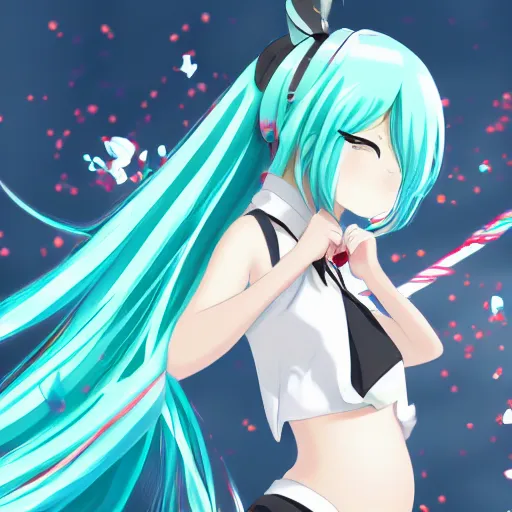 Image similar to hatsune miku pregnant in third trimester, high quality anime art in full growth, by ixima