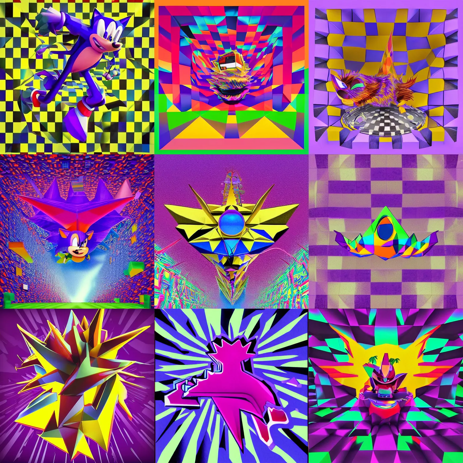 Prompt: surreal, sharp, detailed professional, high quality low poly render of MGMT album cover of a liquid dissolving LSD DMT sonic the hedgehog on a flat purple checkerboard plane, 1990s 1992 prerendered graphics phong shaded album cover