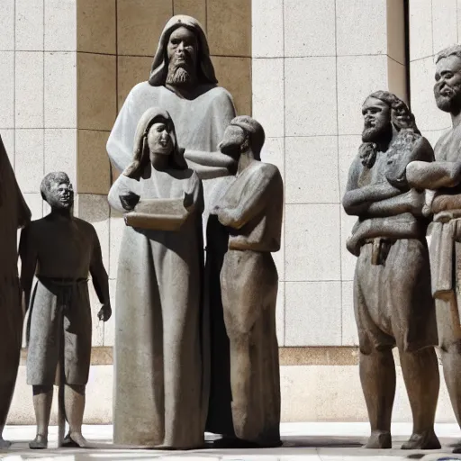 Image similar to religious debate between people in front of concrete statue of Christ